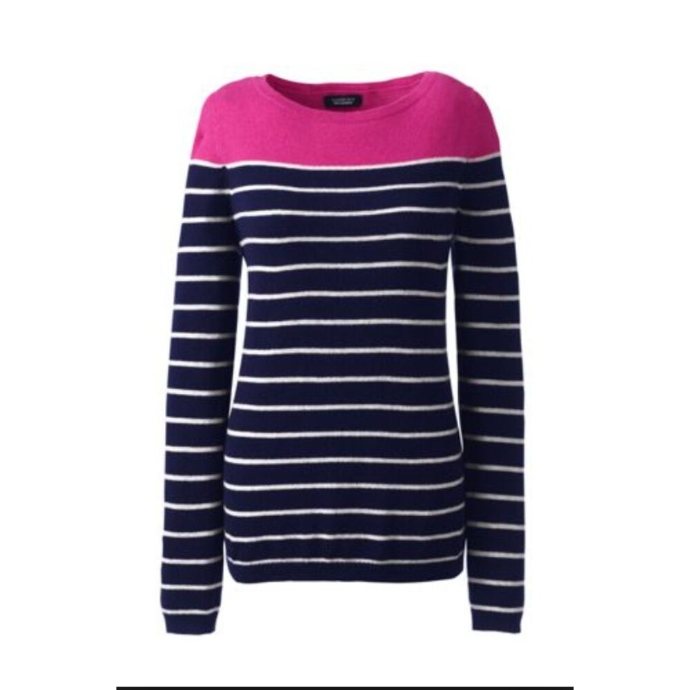 100% Cashmere Women’s Lands End Sweater Size XS Pink And Navy Striped